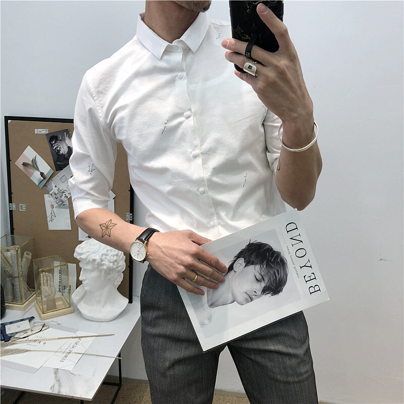夏季韩版修身印花中袖衬衣男chic韩风白衬衫理师五分袖衬衫男