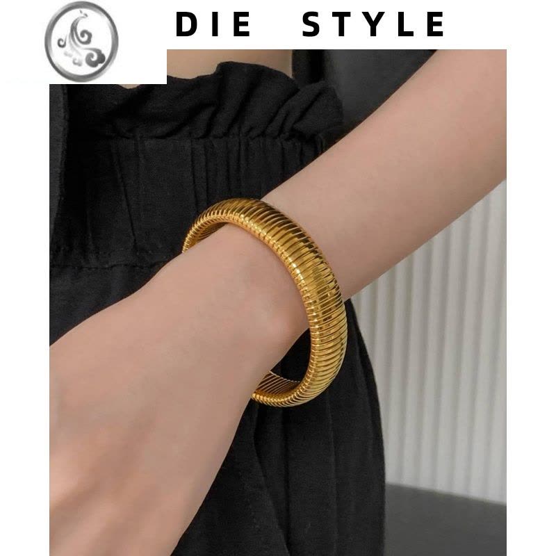 JiMi金色弹力钛钢蛇骨宽手镯女欧美小众夸张银色金属叠戴手环手圈镯子图片
