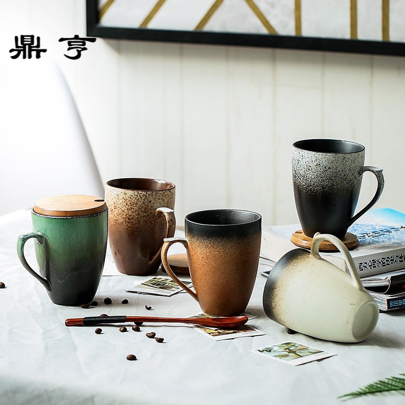 鼎亨景德镇复古杯子陶瓷手工马克杯带盖勺 日式咖啡杯刻字情侣杯