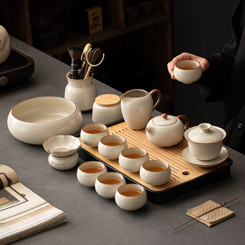 冀华美米黄汝窑西施壶功夫茶具简约家用陶瓷茶壶盖碗茶杯茶盘整套泡茶器 米黄西施壶15件套[罗汉杯]高清大图