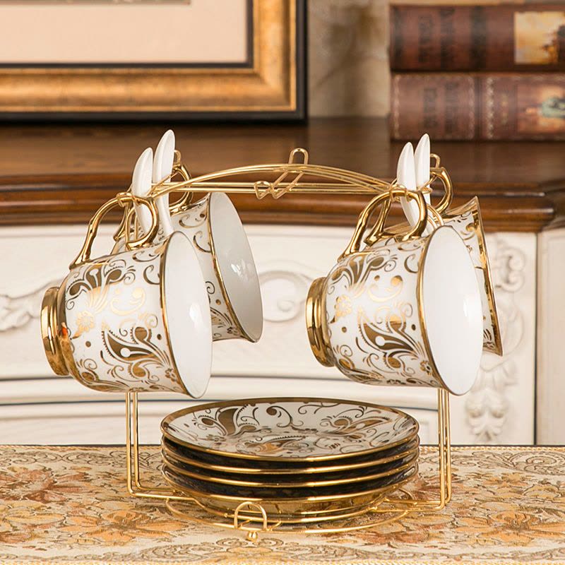 咖啡杯套装英式红茶杯陶瓷水杯子欧式茶具6件套家用办公室马克杯|如意2杯碟勺+架子图片