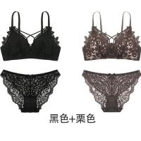 日韩性感水溶花朵性感聚拢薄杯无钢圈内裤交叉文胸套装内衣显小胸