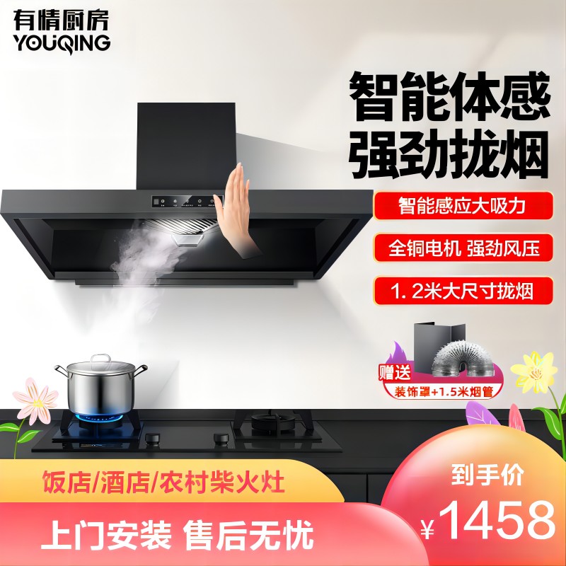 有情 商用油烟机25m³大吸力餐饮食堂一级能效自动热清洗智能触碰饭店农村柴火灶土灶专用大功率单电机黑色款YX-120T