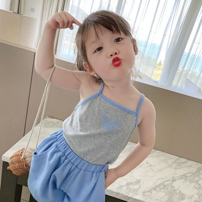 女宝宝棉夏装2021新款印花小女孩吊带衫韩版撞色蝴蝶女童小背心威珺图片