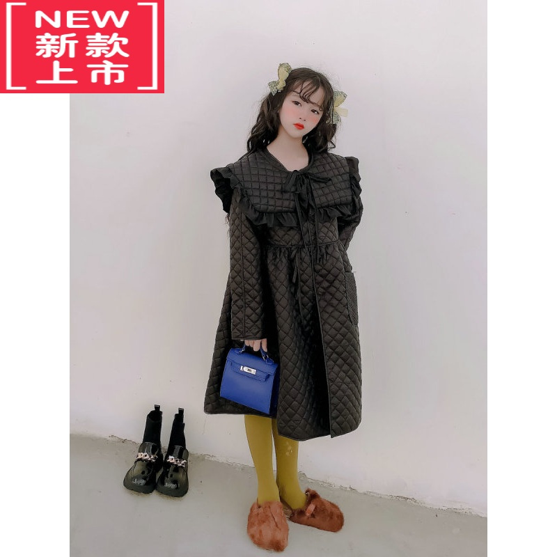 可莉允女童洋气加绒连衣裙2022秋冬新品中大童中长款压棉娃娃领棉服外套