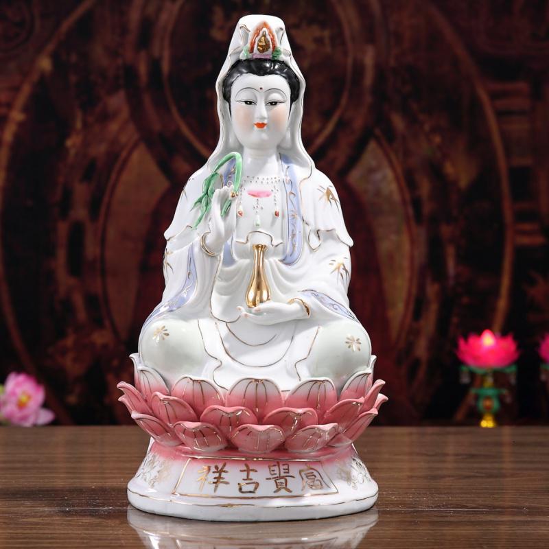 陶瓷南海白玉观音菩萨佛像观音像观世音菩萨供奉居家家用摆件收纳袋 三维工匠 16寸蓝边观音【八件套】_720_323