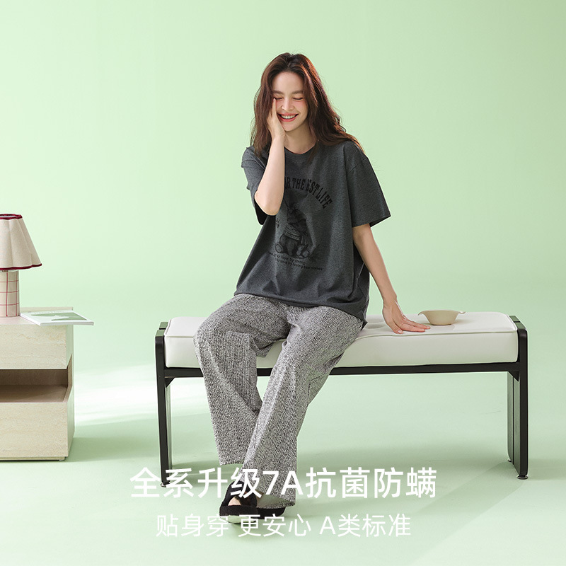 米奇喵[抗菌新疆棉]高级感春夏季短袖长裤睡衣女纯棉韩版时尚薄款套装 韩版时尚薄款睡衣 尺码备注高清大图