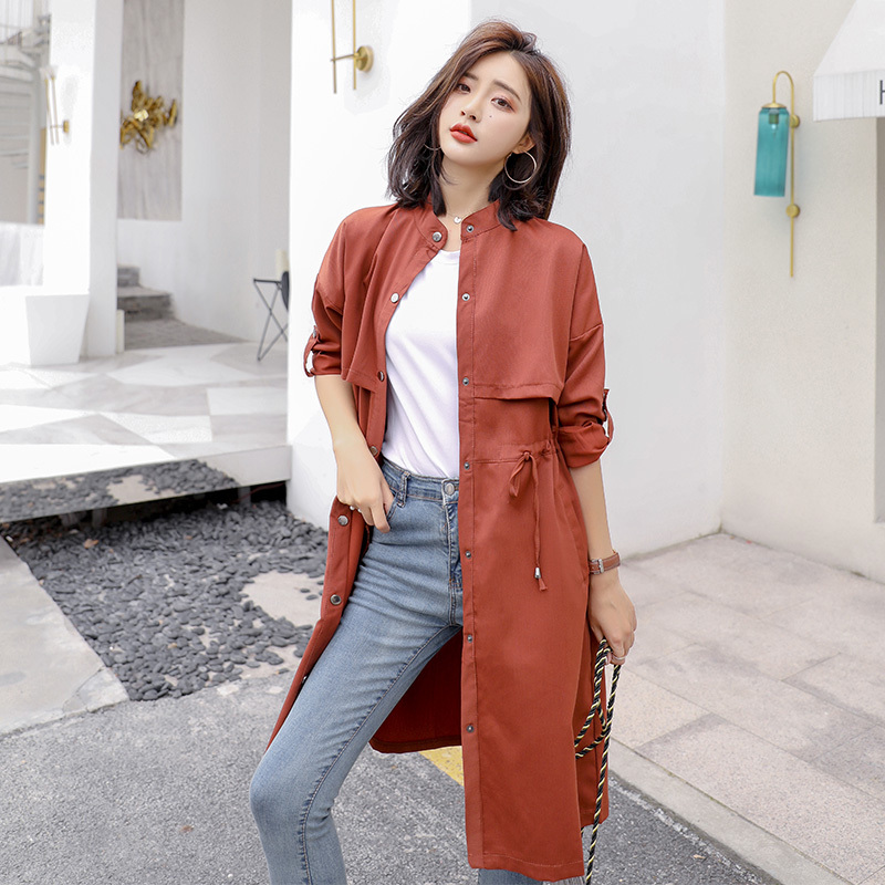 风衣女中长款韩版女士春秋季新品长袖直筒涤纶外套收腰显瘦女上衣