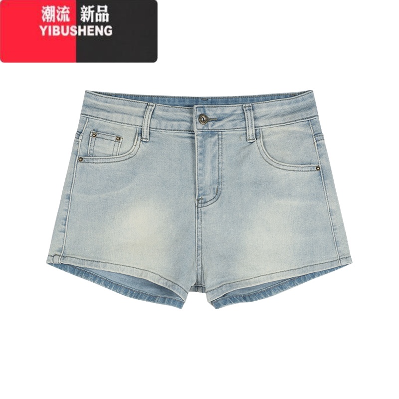 YIBUSHENG蓝色丰胯牛仔短裤女季复古高腰休闲直筒裤子小个子辣妹紧身热古 S 蓝色
