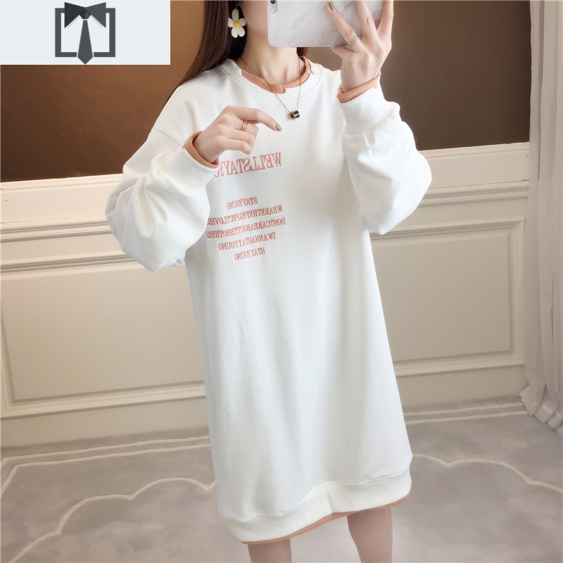 SUNTEK中长款卫衣女宽松2020新款韩版大码加绒加厚长裙假两件上衣外套潮卫衣