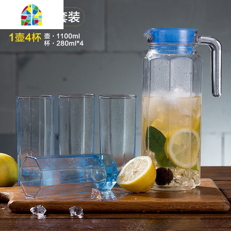 家用玻璃冷水壶凉水壶大容量果汁壶泡茶壶耐热凉白开水杯壶套装 FENGHOU 八角冰蓝5件套高清大图