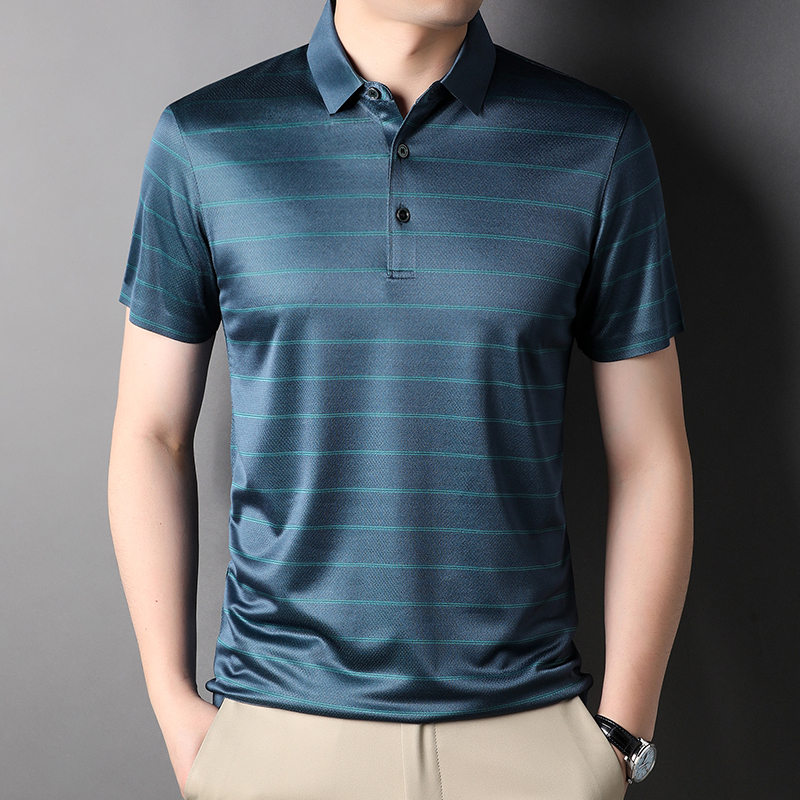 免烫冰爽桑蚕丝条纹短袖t恤男士polo衫翻领商务休闲中年男装衣服