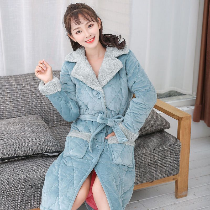 女士睡衣女冬季款法兰绒浴袍睡袍女加绒三层加厚夹棉棉袄睡衣女冬