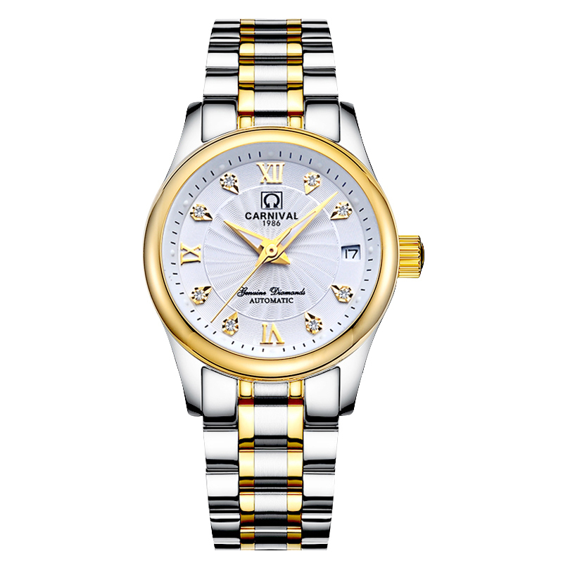 瑞士嘉年华CARNIVAL手表 新款全自动机械表 女士日历夜光防水女表休闲时尚商务手表金属精钢表带品牌女神表183-女款高清大图