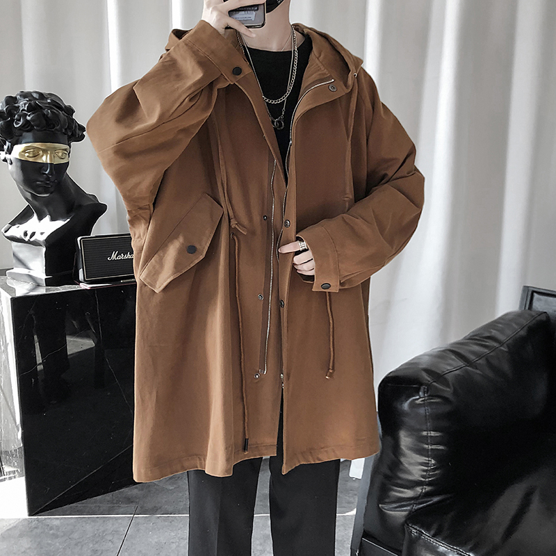 yuansu20春秋季新款中长款连帽外套男韩版潮流宽松休闲港风夹克工装