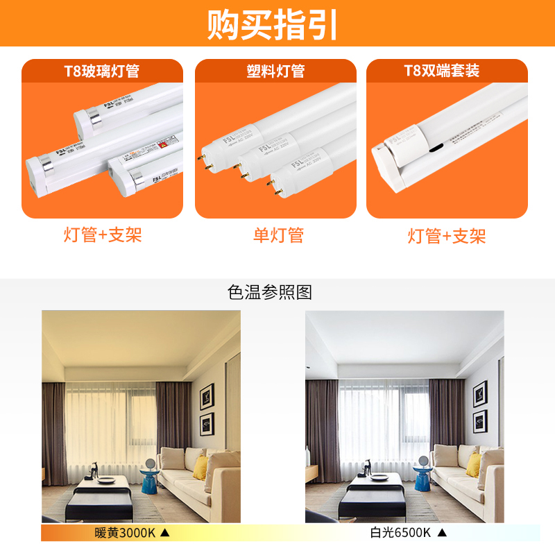 fsl 佛山照明 LED灯管T8长条灯管一体化日光灯支架光管全套0.9米T8一体化(含支架)-中间出线(玻璃管)