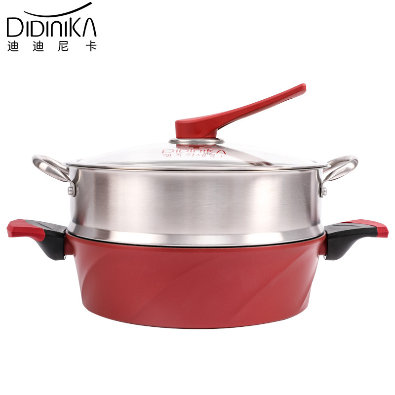 迪迪尼卡(Didinika)2019新款28cm浅汤锅家用麦饭石不粘锅多功能双耳煮锅带蒸屉