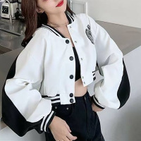 小清新外套女潮ins秋冬季新款上衣网红宽松小清新卫衣短款棒球服 L 白色