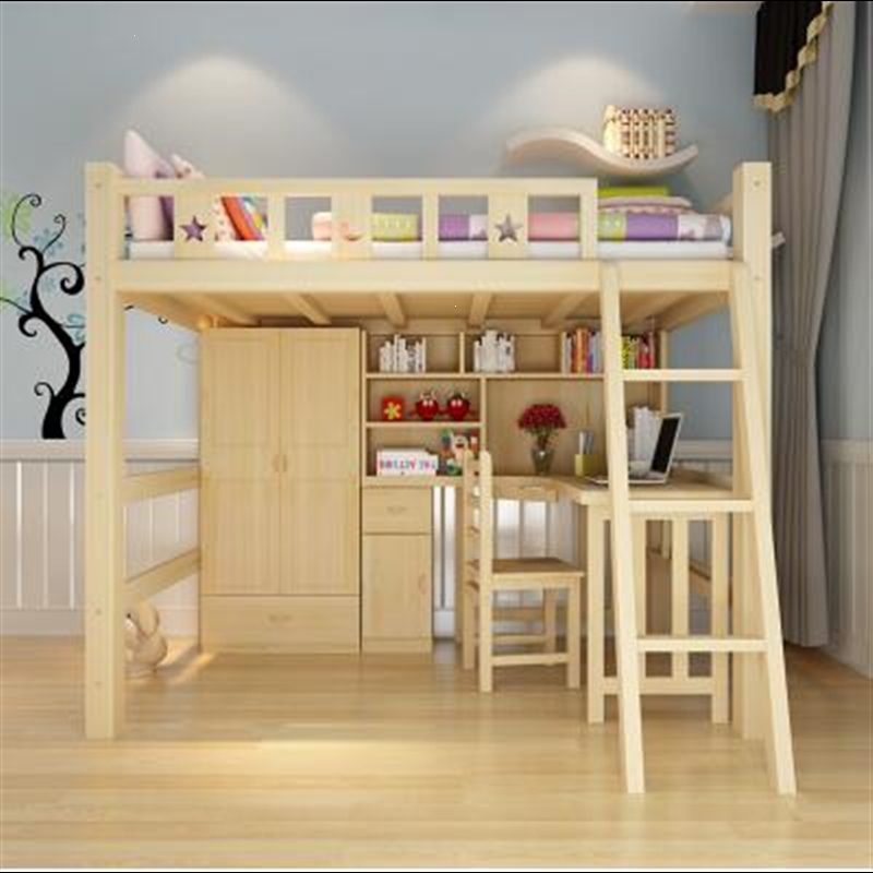 实木高架床儿童多功能组合上下床符象双层高低床带书桌上床下桌省空间