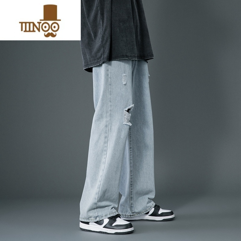 YANXU夏季新款破洞牛仔裤男士复古水洗宽松冰氧阔腿裤直筒高街ins潮i高清大图