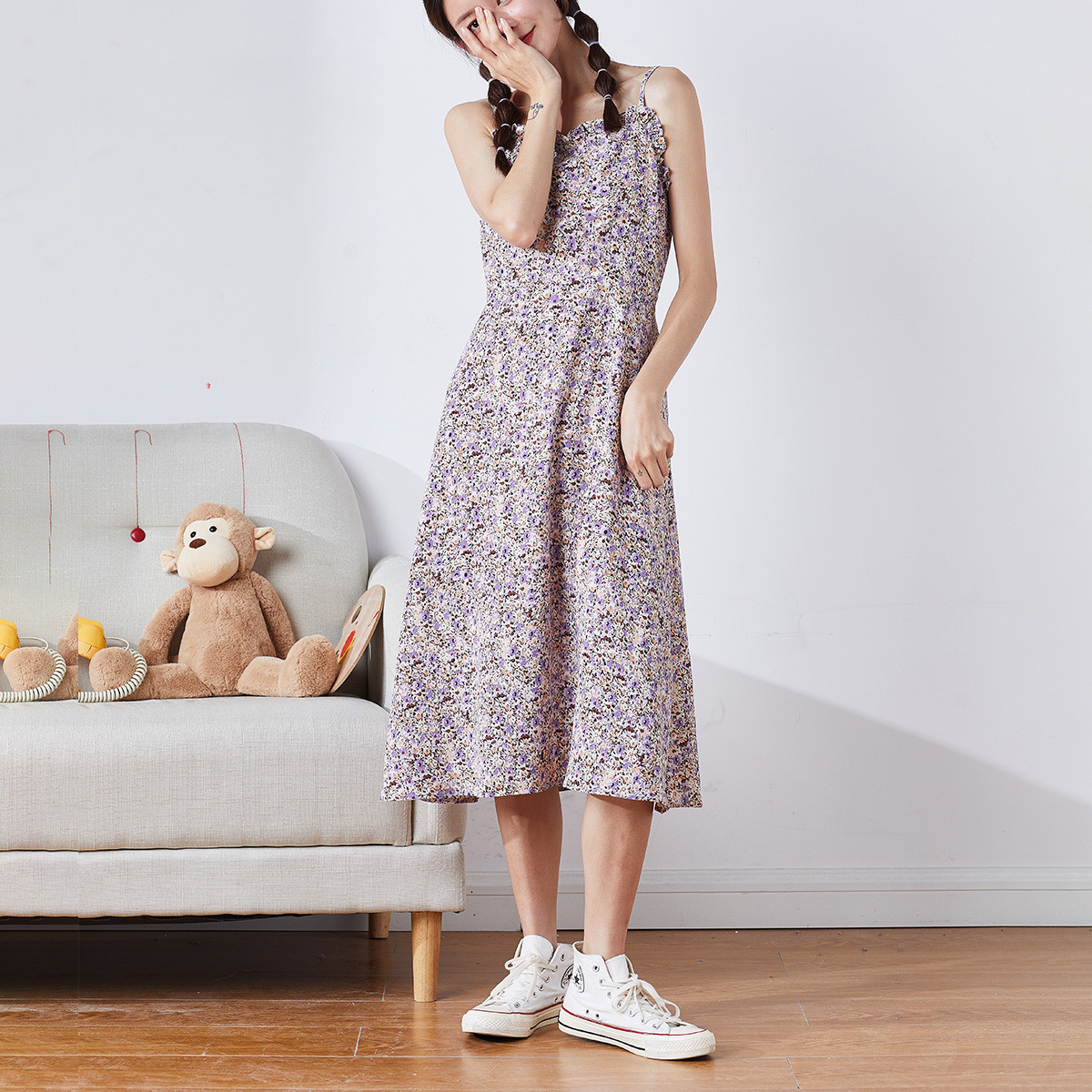 [1.5折价55元]唐狮夏季连衣裙女中长款韩版碎花吊带连衣裙时尚裙子潮