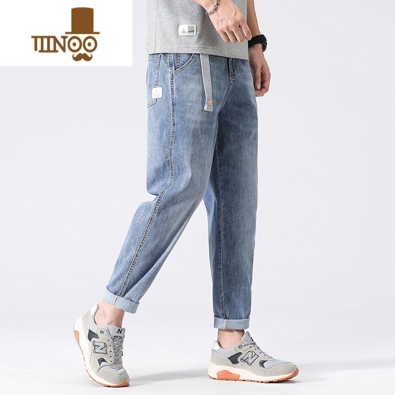 YANXU美式高街裤子男士浅色牛仔裤男夏季薄款直筒宽松潮牌九分休闲小脚 浅蓝不含皮带 32XL