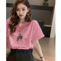 2024夏季女圆领前胸图案短袖T恤休闲百搭慵懒风时尚韩系_755115 L 软糖粉