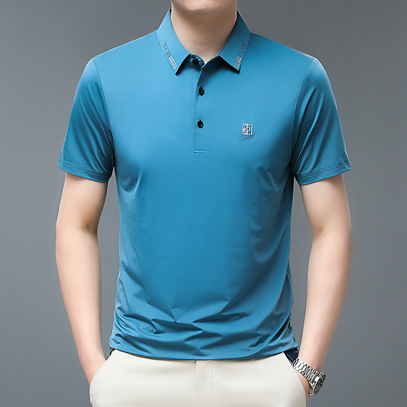 男士t恤纯色短袖翻领polo衫男冰丝速干薄款中年男装夏季打底衫高清大图