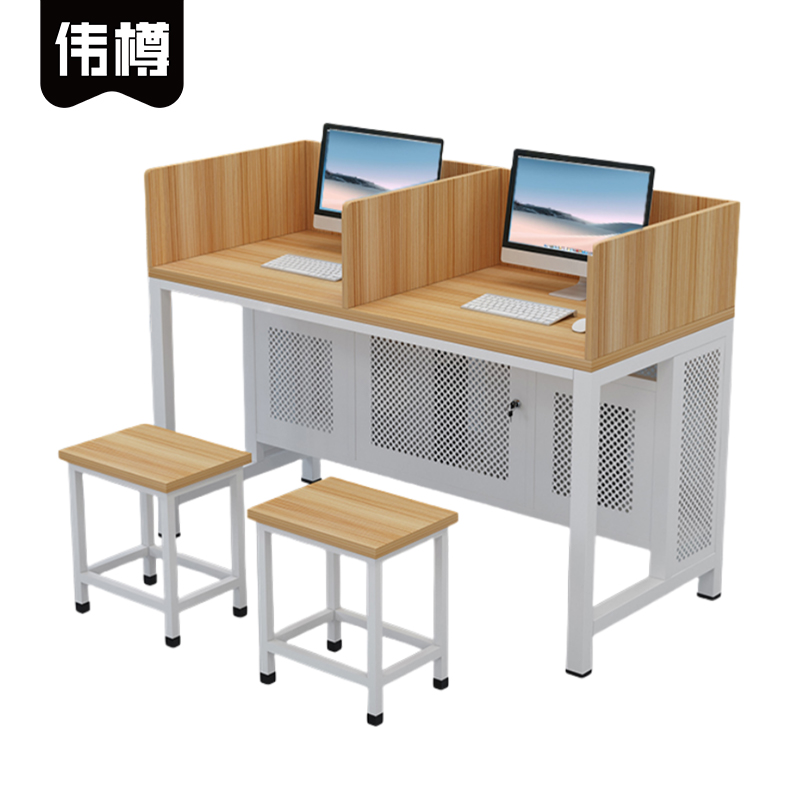 伟樽多媒体课桌带屏风一桌二凳140*60*75cm套高清大图