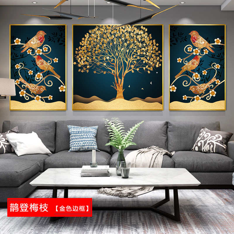 北欧壁画三联组合沙发背景墙客厅装饰画 金鹿高升(白色边框) 50*70cm三联套装(建议2.5-3米沙发)土豪金[铝合金高清大图