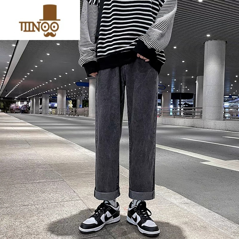 YANXU牛仔裤男夏秋季耐磨多口袋松紧腰裤子男潮流港风男士阔腿直筒长裤高清大图