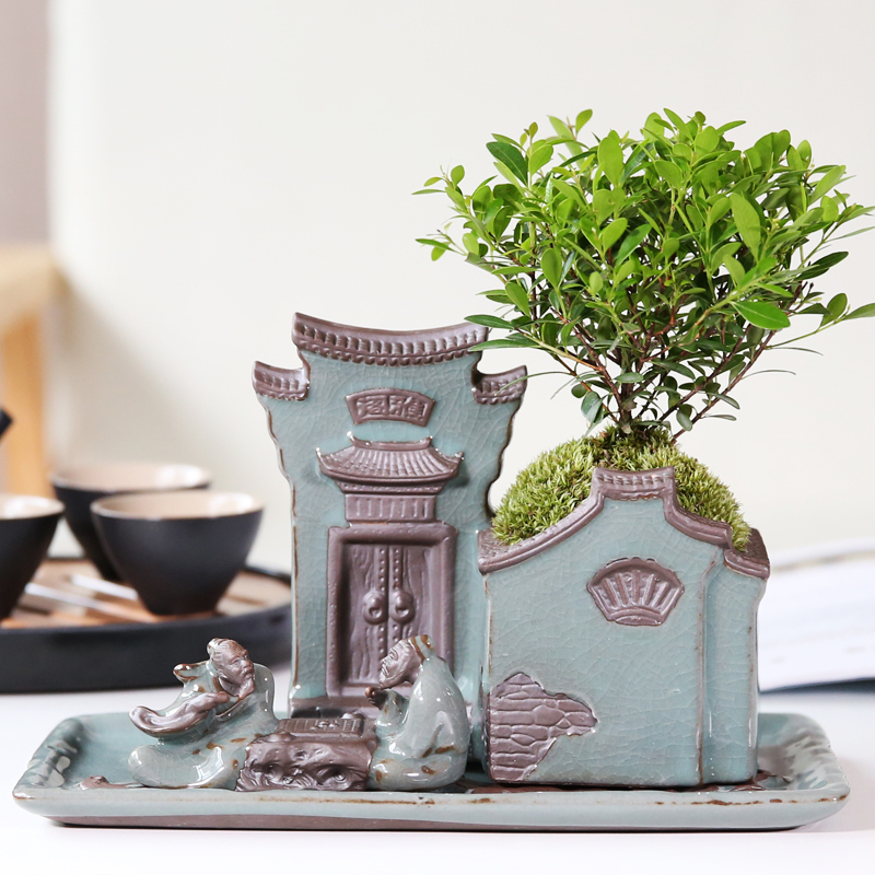 创意中式文竹陶瓷房子家用桌面绿植花卉盆栽中国风花盆