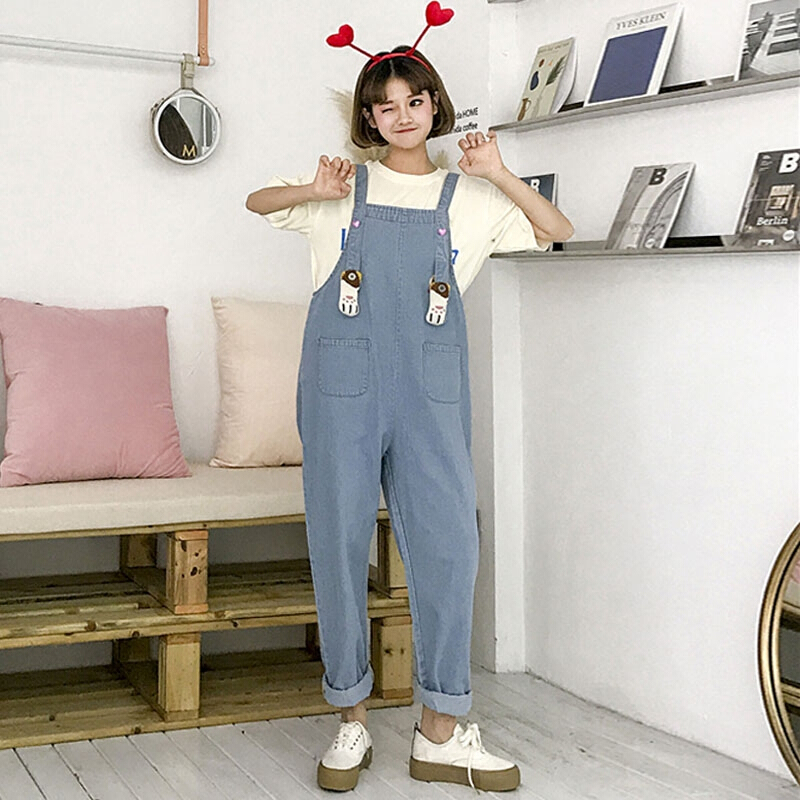 2018夏季新款女装韩版学生猫爪宽松牛仔裤背带裤长裤九分裤显瘦萌图片色