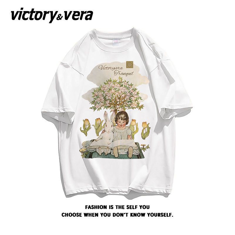 VICTORYVERA法式慵懒风短袖盐系小众纯棉t恤女2022夏季宽松上衣服
