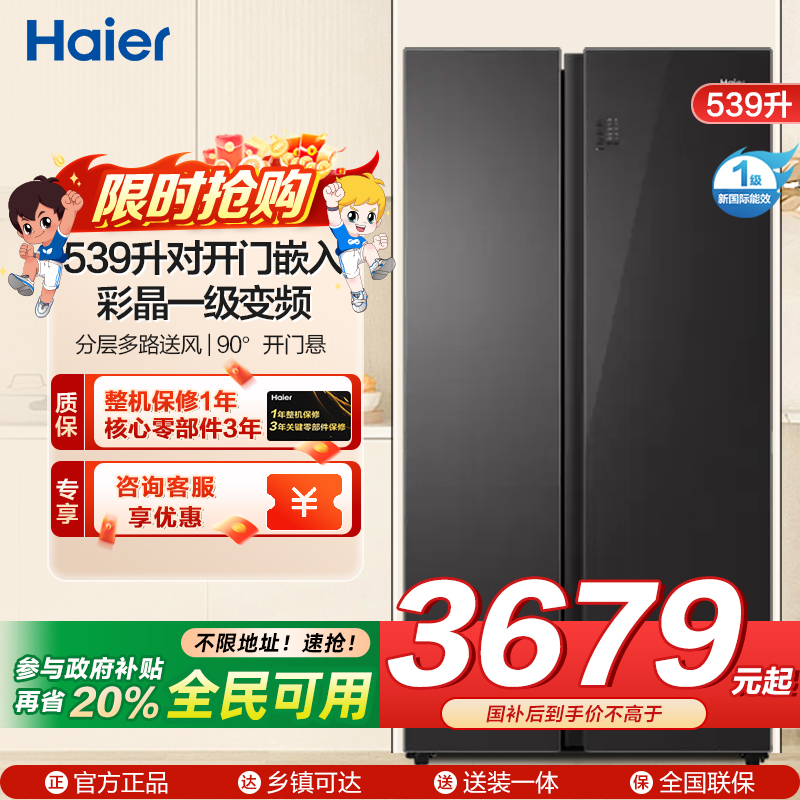 海尔(Haier)539升对开门嵌入冰箱 彩晶一级变频 阻氧干湿分储 DEO净味家用 BCD-539WGHSSE5SL