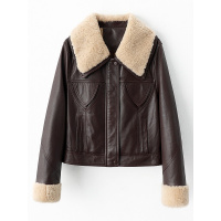 美式复古利奴皮毛一体毛领水晶油蜡绵羊皮真皮鹅绒服女短款夹克 L145斤以下 棕色