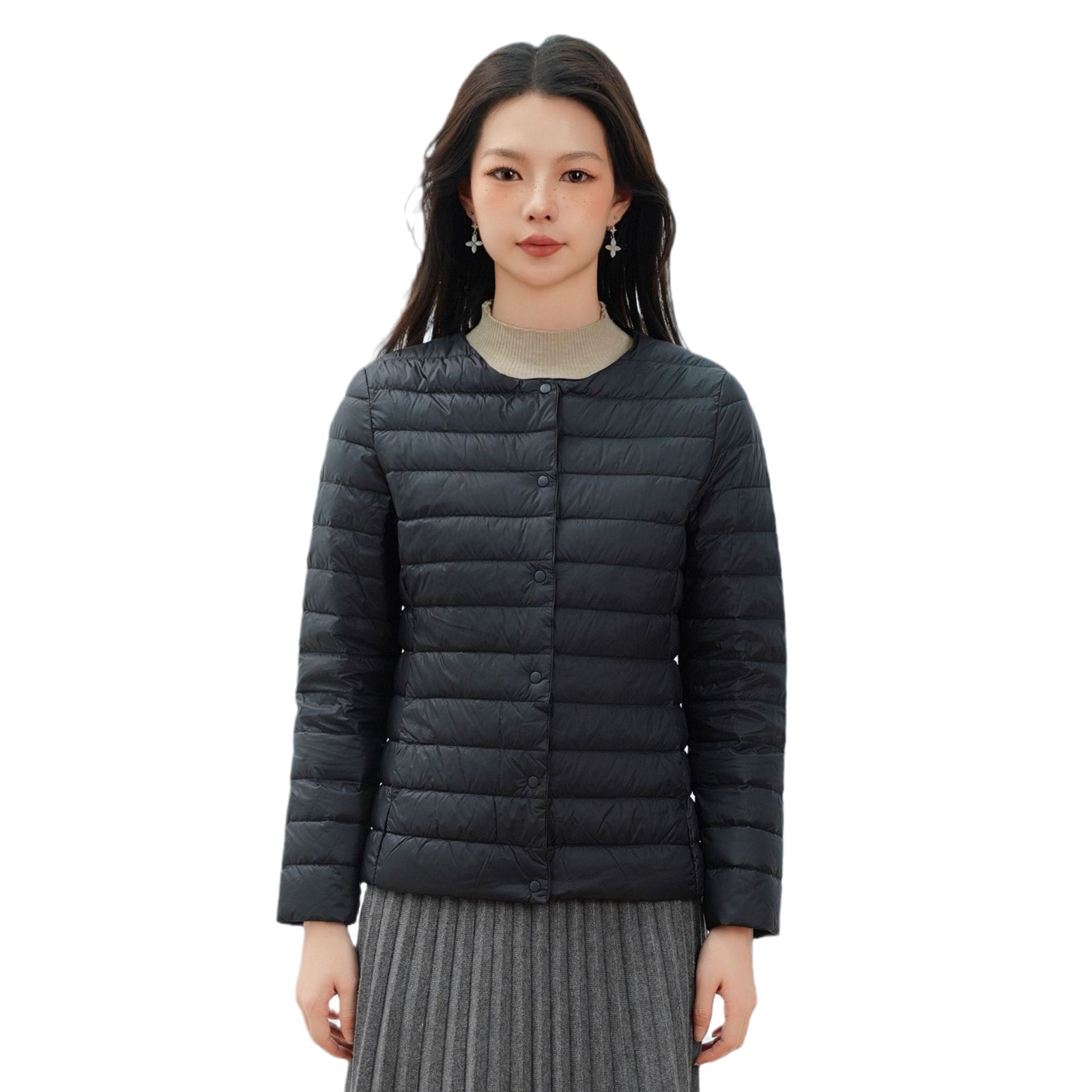 女式新国标90绒新款纯色女装圆领V领简约长袖羽绒服外套高清大图