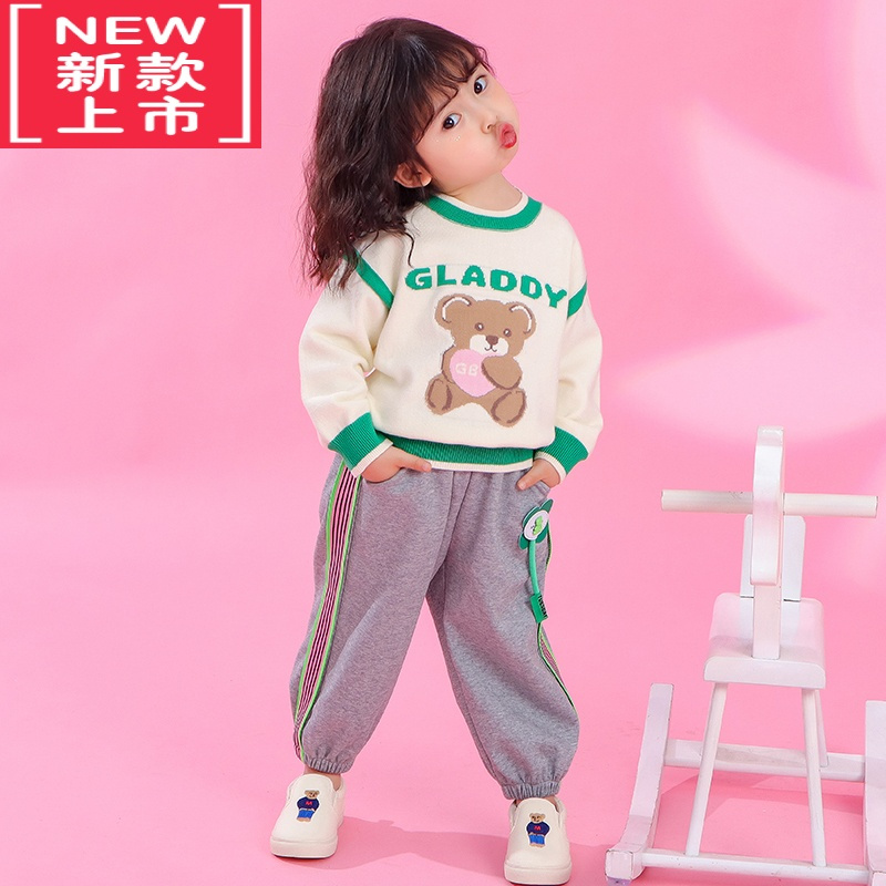 可莉允女童小熊圆领毛衣秋冬2022新款儿童洋气针织衫女宝宝深秋打底上衣