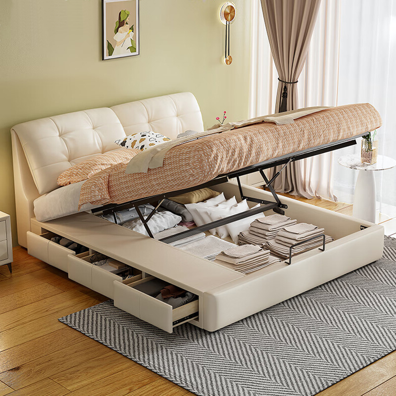 奶油风真皮床轻奢现代简约双人床ins风婚床意式主卧真皮储物大床高清大图