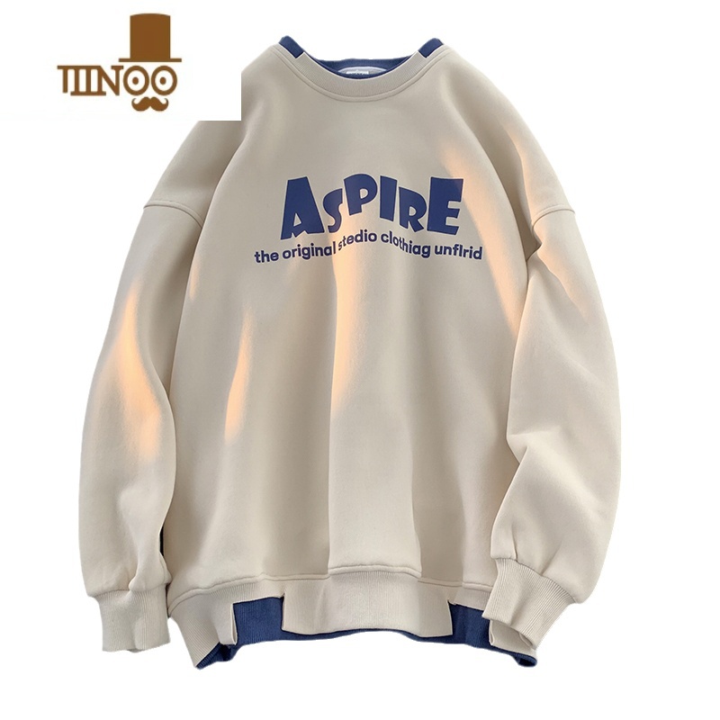 YANXU美式复古假卫衣男生上衣服青少年圆领长袖外套潮A高清大图