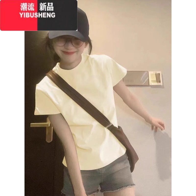 YIBUSHENG正肩T恤女舒适上衣季2024新款休闲显瘦设计感印花白色显H高清大图