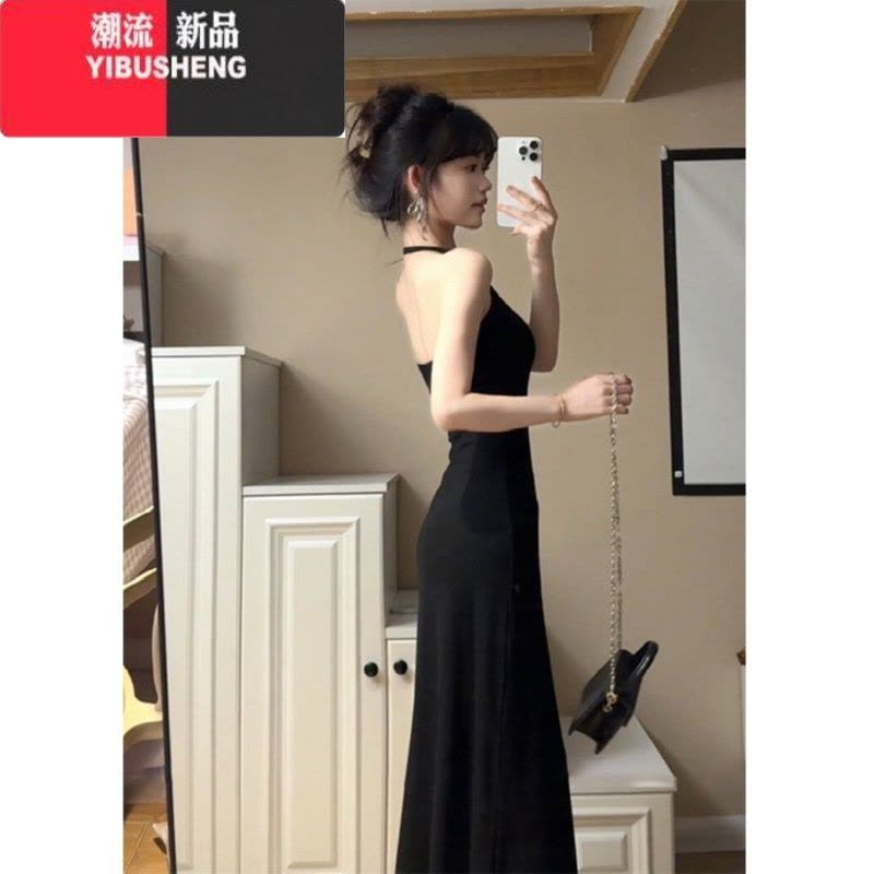 YIBUSHENG美式黑色露背挂脖吊带连衣裙女季纯欲风性感辣妹修身包臀长裙子图片