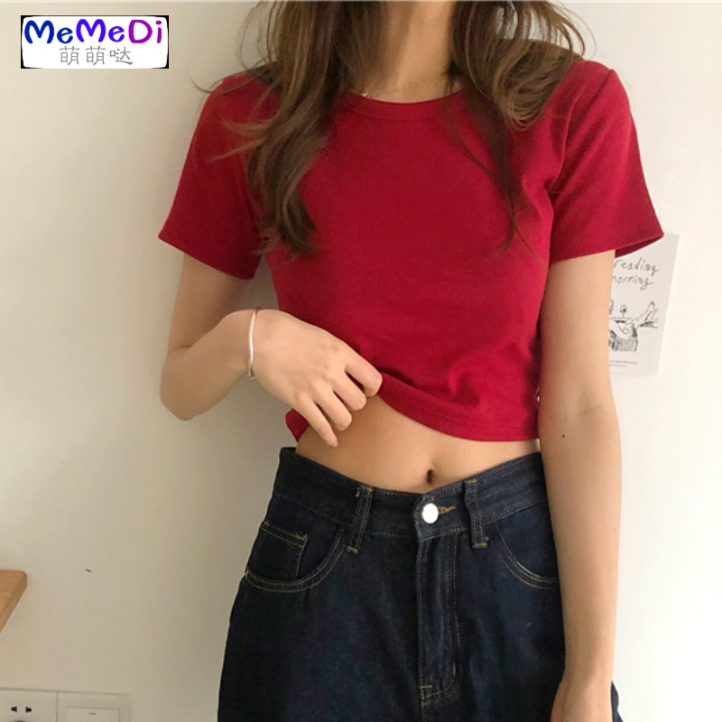 色简约螺纹短款露脐打底衫bm上女220夏季新款修身显瘦短袖T恤