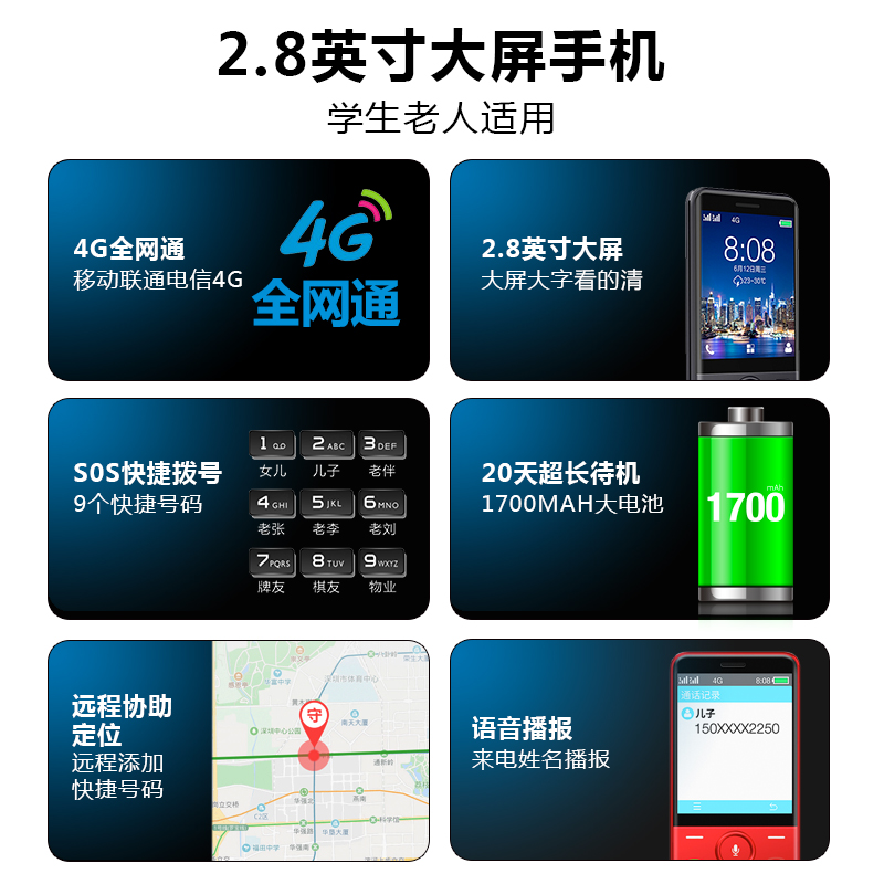 守护宝 中兴 K199 移动联通4G老人机电信VoLTE 老人老年手机 智能老年机 双卡双待 暮光黑高清大图