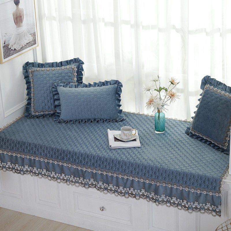 汐岩窗户榻榻米飘窗垫窗台垫欧式阳台飘窗垫可机洗榻榻米垫子飘窗毯 暖春蕾丝-藏蓝色70+18*150cm