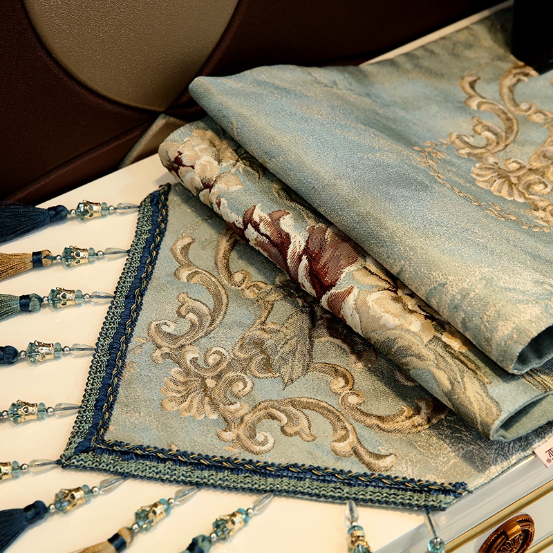 家柏饰(CORATED)欧式五斗柜桌旗餐边柜鞋柜电视柜装饰条桌巾餐桌巾桌布床轻奢 巧颜-米色蓝花纹 32*180cm高清大图