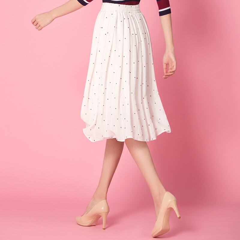 半身裙春新款半身长裙夏松紧腰纱裙小清新波点中长款雪纺裙百褶裙白色