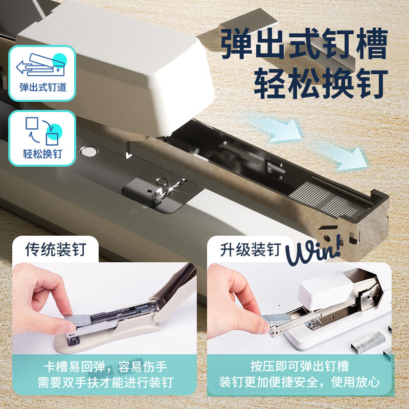 得力(deli)0465 60页省力订书机白色 送订书针1盒 适用钉23/6~23/10装订器 钉书机 订书器