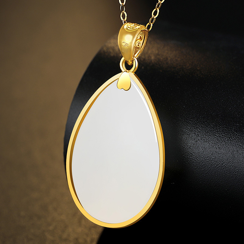 印象眸足金镶和田玉吊坠黄金镶羊脂白玉凤凰水滴女款玉石挂件附送证书