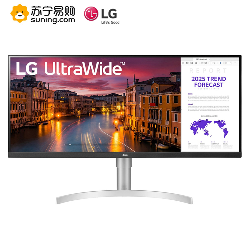 LG 34WN650 34英寸21:9超宽IPS屏 HDR400 sRGB99% 三边微边框 FreeSync 升降底座 内置音箱 低闪屏电脑液晶显示器